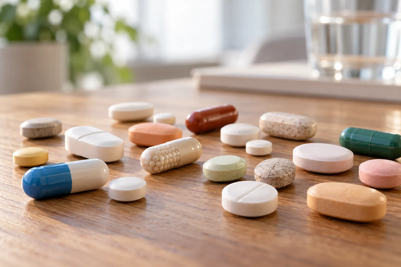 Разные таблетки и капсулы на деревянном столе